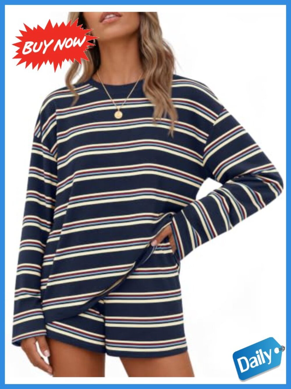 Women's 2 Piece Lounge Set Oversized Crewneck Long Sleeve Top & Shorts Striped